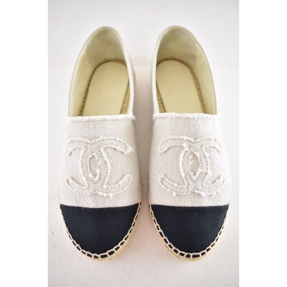 Chanel REV Beige Black Linen Canvas CC Logo Double Sole Espadrille Flat 37 RARE - Picture 5 of 12